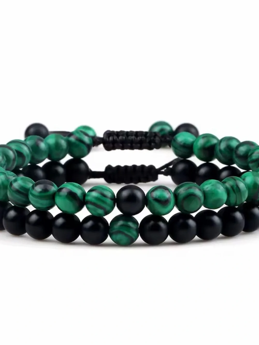 Men's Green and Black Beaded Stretch Bracelet Set waterproof